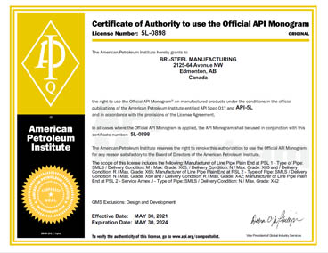 Bri-Steel Seamless Pipe Manufacturer API-5L Certificate 