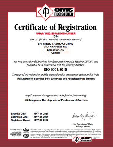 Bri-Steel Seamless Pipe Manufacturer ISO 9001 2015 Certificate 