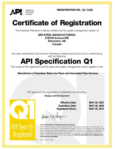 Bri-Steel Seamless Pipe Manufacturer 08C API Q1 Certificate 